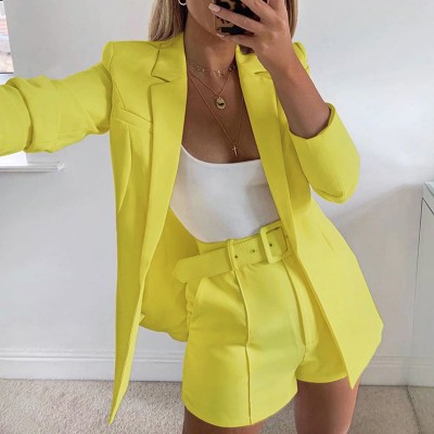 Women's clothing autumn long sleeve cardigan jacket shorts solid color two-piece Lady suit real